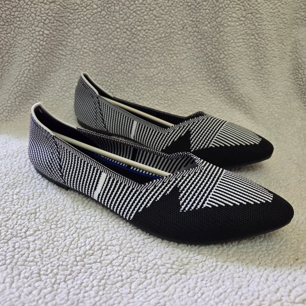 Black White Striped Pointed Toe Mesh Knitted Flats Shoes Womens 9.5 6304-HE